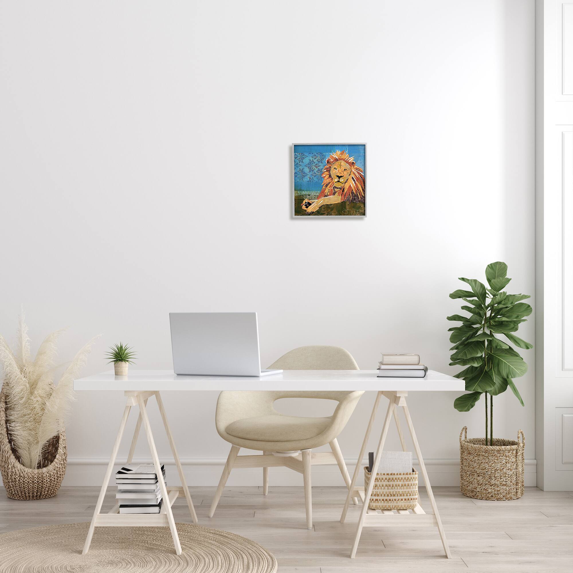 Stupell Industries Safari Lion Abstract Shape Collage Blue Orange in Gray Frame Wall Art